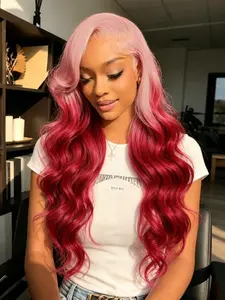 Ombre Pink Red Wavy Wigs 13x4 Lace Front Wigs Pre-Plucked Hairline Pink Body Wave Wig Soft HD Transparent Lace Frontal Wigs Heat Resistant Synthetic Wig for Women Party Cosplay Festival 28 Inch