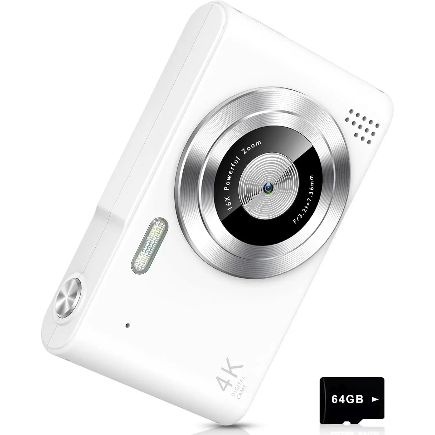 Digital Camera, Camera for , UHD 4K 48MP Point and Shoot Digital Cameras with 64GB SD Card and 16X Digital Zoom Anti Shake, Compact Portable Small  for Boys Girls Students,White