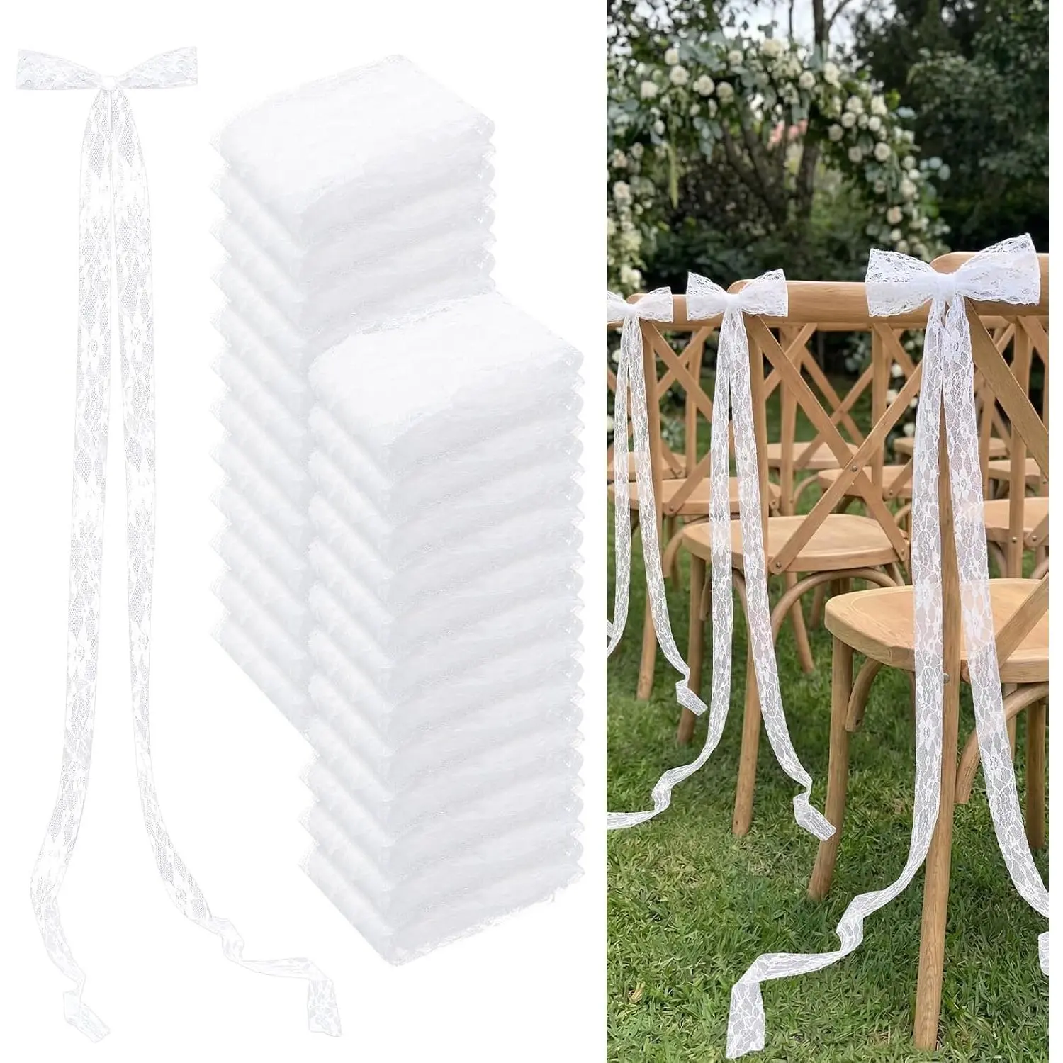 24 Pcs Polyester Lace Chair Sashes - Modern Wedding Aisle Decor, White Bow Ribbons for Bridal Shower, Banquet Events, Aisle Chairs, Lace Sashes
