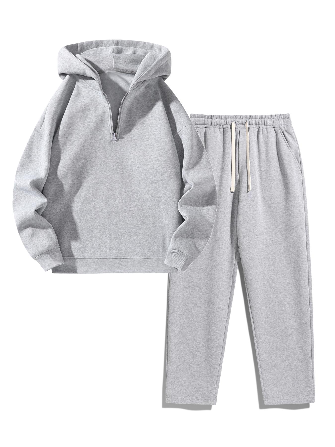 Two-Piece Set Men's Solid Knit Zip Up Hoodie & Drawstring Waist Sweatpants Two-piece Set, Casual Regular Fit Long Sleeve Hooded Sweatshirt & Elastic Waist Pocket Jogger Pants, Men's Two-piece Outfits for Fall & Winter