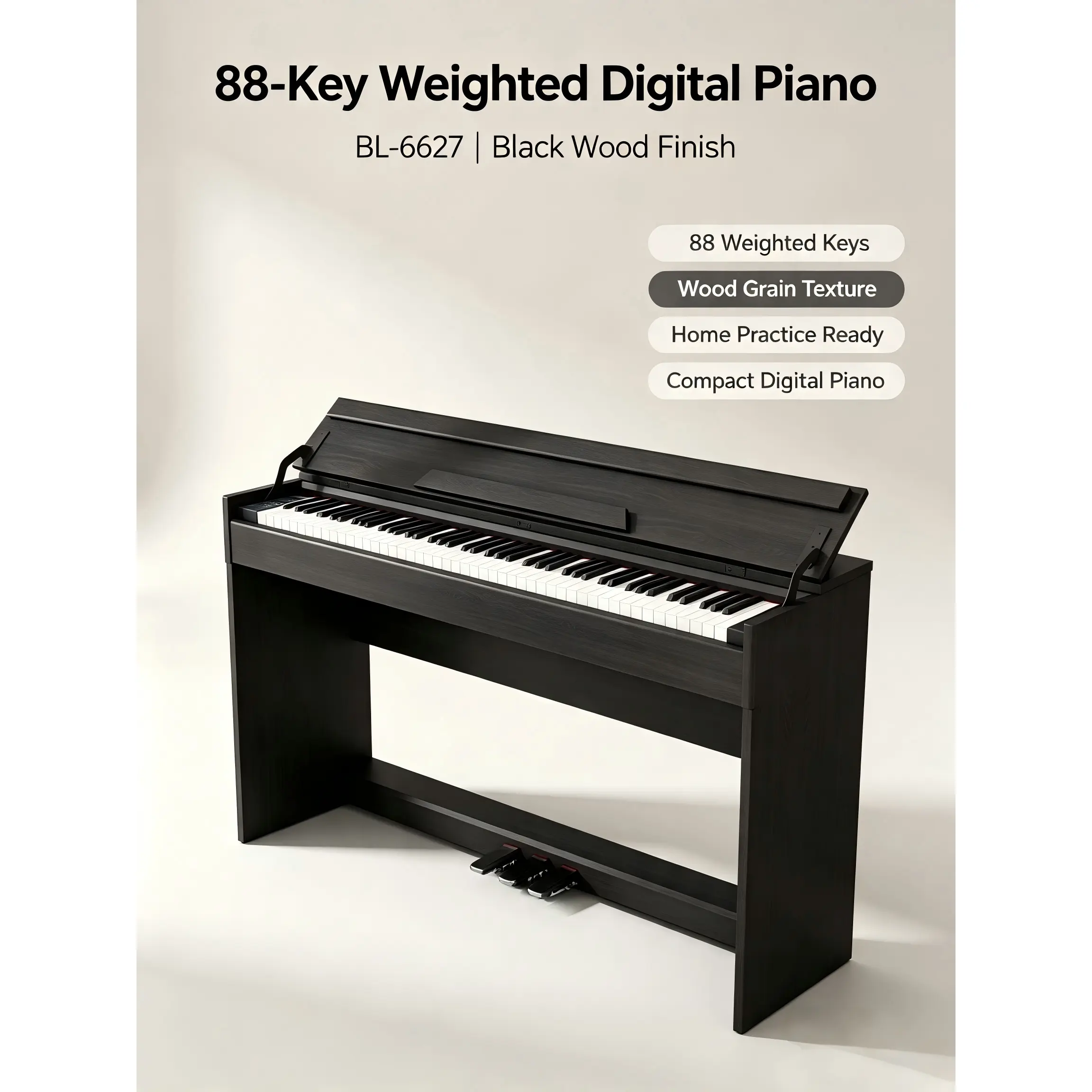 88-Key Weighted Digital Piano BL-6627 | Black Wood Finish | Hammer Action Keys for Beginner Practice, Home Performance & Music Learning
