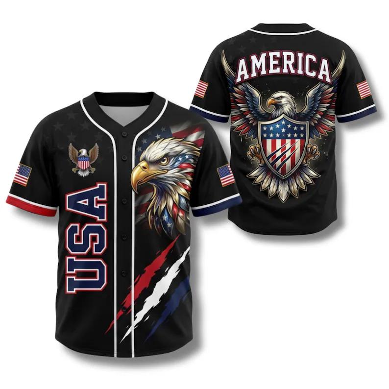 USA Eagle All Over Print Baseball Jersey, Patriotic Button Up Shirt, USA 250 Years Baseball Jersey, 1776–2026 Semiquincentennial Patriotic Jersey,summerwins,father'sdaygifts