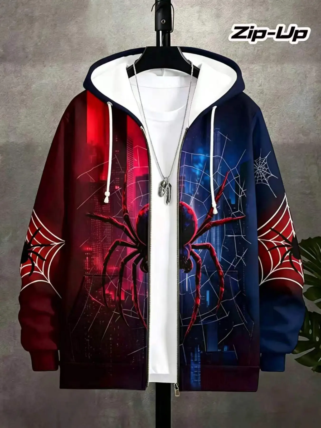 Men's Hooded Sweatshirt Jacket with Spider Graphic Print, Casual Loose-Fit Zipper Outer Vest, Trendy Unlined Fashion Coat