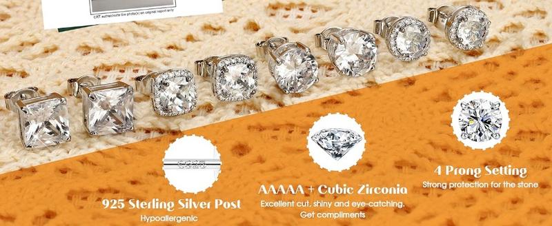 Milacolato Cubic Zirconia Earrings Studs for Women & Men - Hypoallergenic Sterling Silver with Simulated Halo Design - 2/4 Pairs of Earrings Springtok