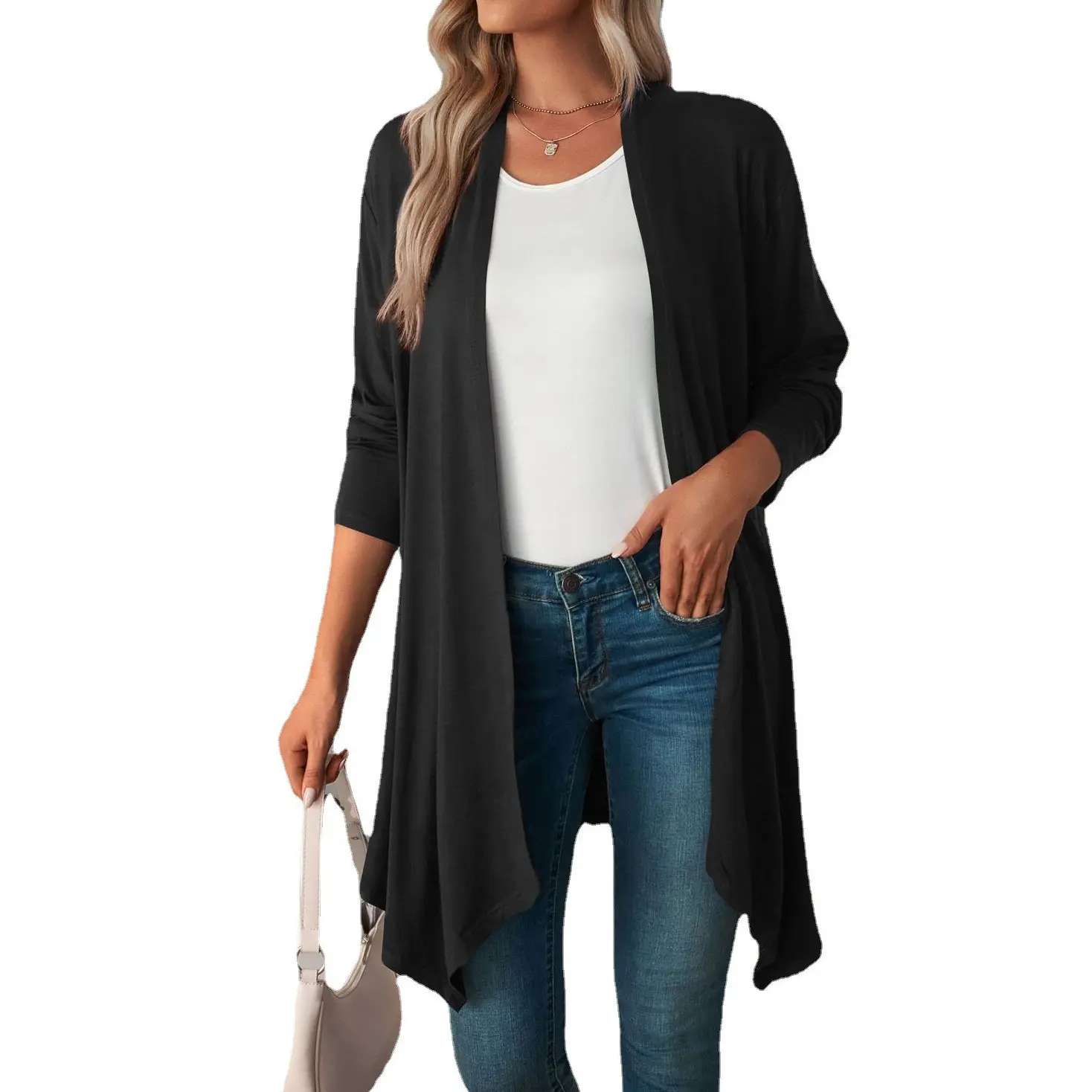 Women's Soft Polyester Knitwear Cardigan - Long Sleeve, Open Front, Solid Color Casual Outwear Tops for Fall, Spring Travel, Stylish Clothes with Comfortable Fabric plus size