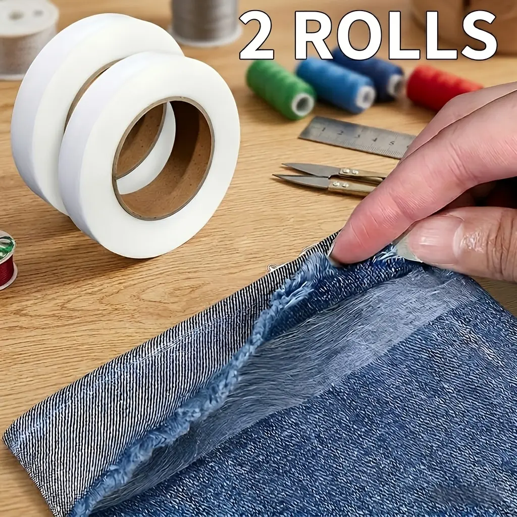 2 Rolls Fusible Hemming Tape 1cm & 2cm Width Double Sided Heat Bond Fabric Interfacing Strips No Sew Iron On Adhesive Tape For Jeans Dresses Tops Skirts Curtains DIY Clothing Hem Repair Sewing Accessories