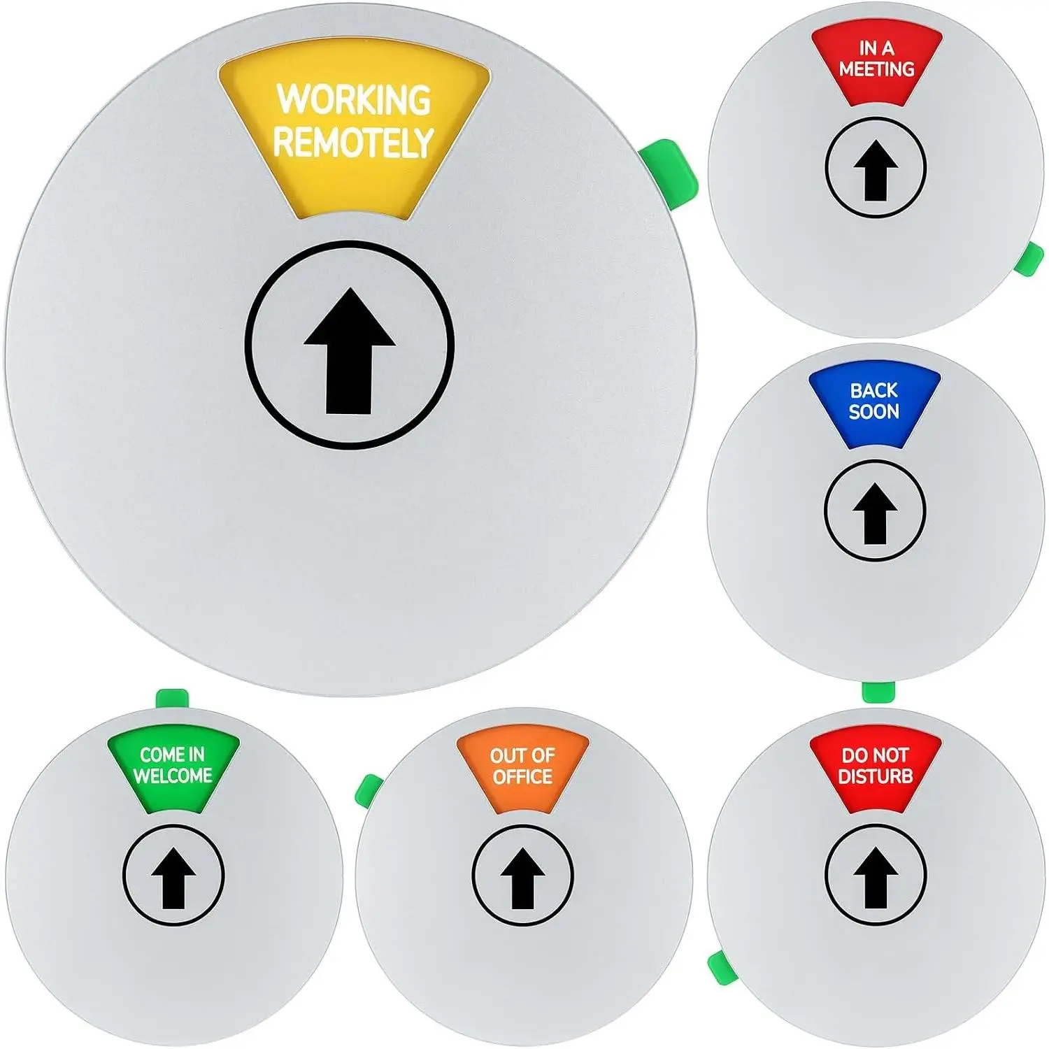 White Rotating Office Door Sign with 6 Status Options - Do Not Disturb, Out of Office, In a Meeting, Come In Welcome, Working Remotely, Back Soon, 6 Inch Round Privacy Sign