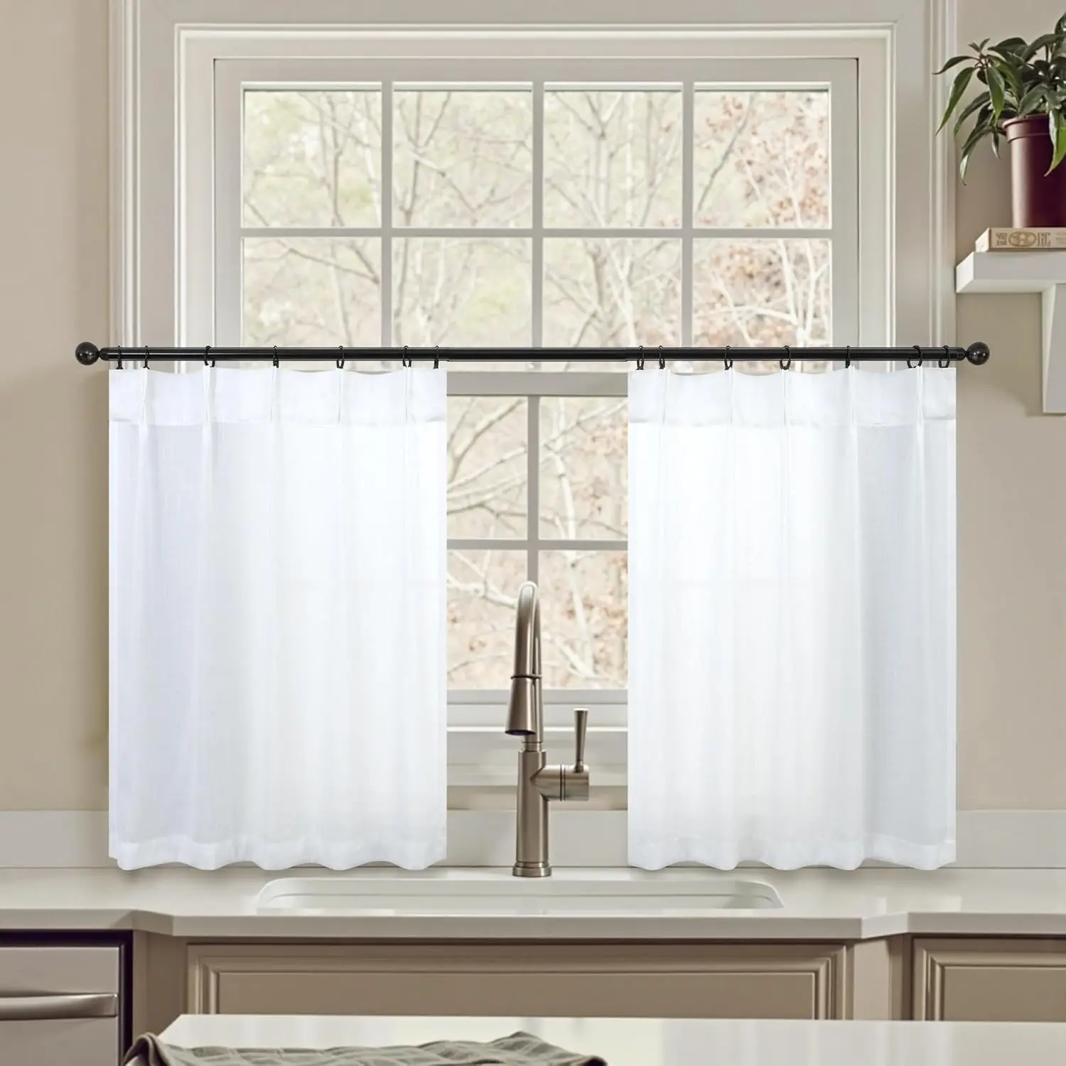 Pinch Pleated White Tier Curtains for Kitchen Windows 24 Inch length Back Tab Linen Small Cafe Curtains Half Window Country Rustic Boho Farmhouse Semi Sheer Short Curtain for Basement Laundry 30x24