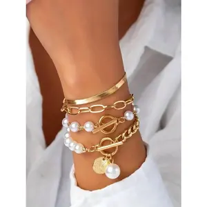 Faux Pearl Decorated Link Bracelet, Fashionable OT Buckle Design Jewelry for Women & Girls, Fashion Jewelry for Party, Daily Decor, Trendy All-match & Exquisite Jewelry for Birthday Gift, Bangles Bracelets Set, Trendy Jewellery Accessories