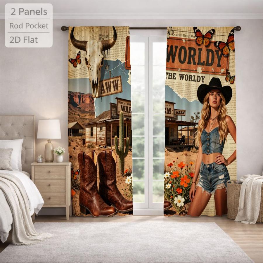 2Pcs Western Style Wild West Cow Skull Cowboy Boots Desert Cactus Sun Blocking Curtains Digital Printed Rod Pocket, Window Treatment For Bedroom Office Kitchen Living Room Study Home Decor