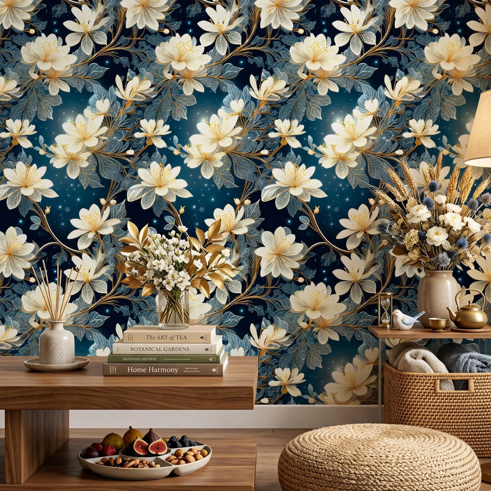 44.5cm/17.5in Wide Navy Blue Floral Peel and Stick Wallpaper, Waterproof Fadeless Self-Adhesive Contact Paper, Easy Cut Removable Wall Decor for Bedroom, Living Room & Cabinets Furniture Makeover