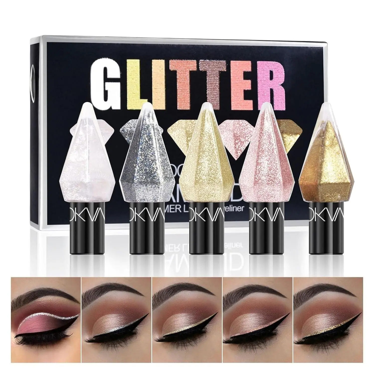 LOOKAVE 5Pcs Glitter Liquid Eyeshadow Kit, Multi-Color Shimmery Eyeliner, Buildable Crease-Proof Formula, Waterproof Long Wear Glossy Highlighter Eye Shadow, Ideal Women Eye Makeup Gift Set, Glossy Cosmetic Eyeshadow