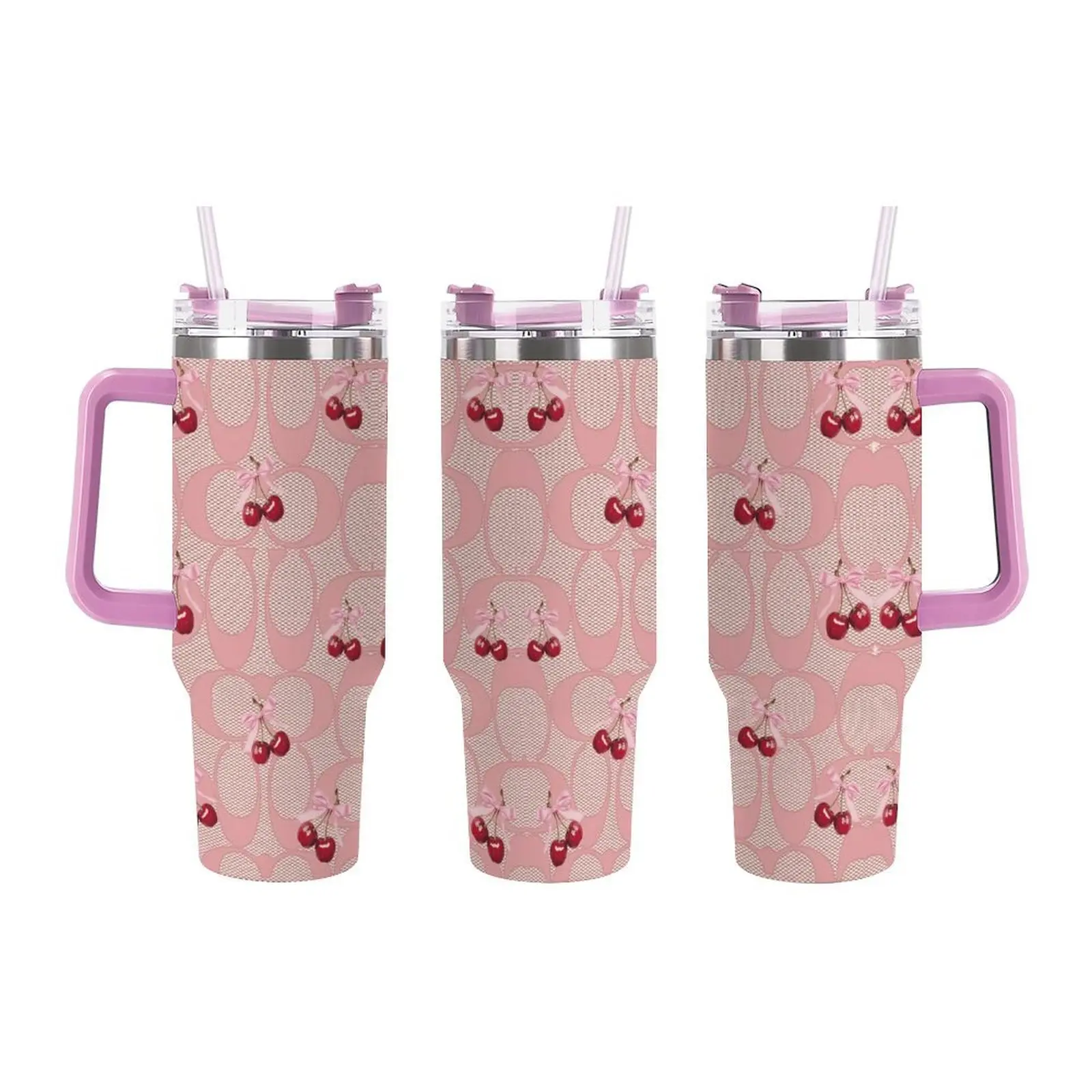 Pink Cherry Monogram 40oz Tumbler with Handle - Designer Inspired Coquette Aesthetic Insulated Stainless Steel Cup, Pink Handle Travel Mug for Hot/Cold Drinks, Cute Girly Gift