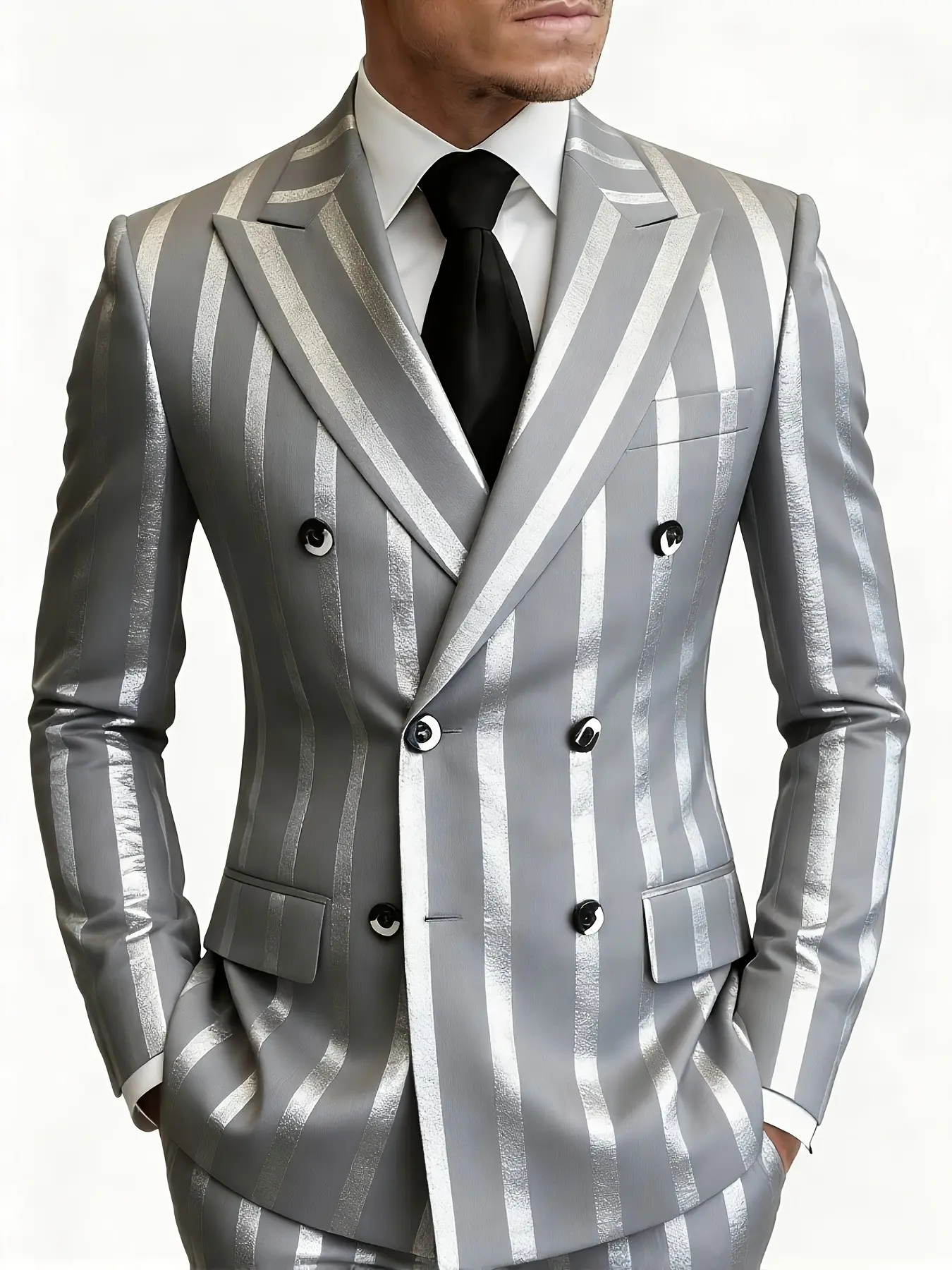 Ainwear Men Silver Color Metallic Stripe Double Breasted Blazer, Shiny Suit Jacket, Casual Fitted Jacket for All Seasons
