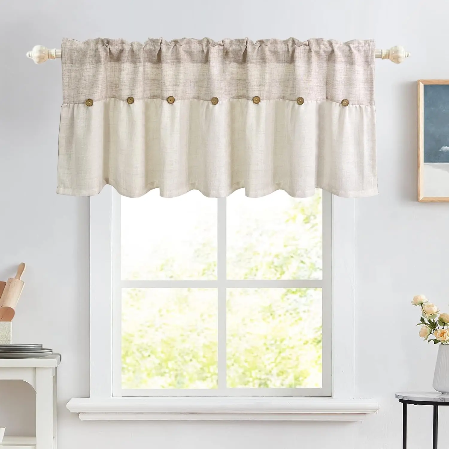 Boho Linen Button Valance for Kitchen Window Dining Room | Rustic Cafe  Valance for Small Windows Bathroom Bedroom  Macrame Valance Rod Pocket 1 Panel (Beige,W39 L20 inch)