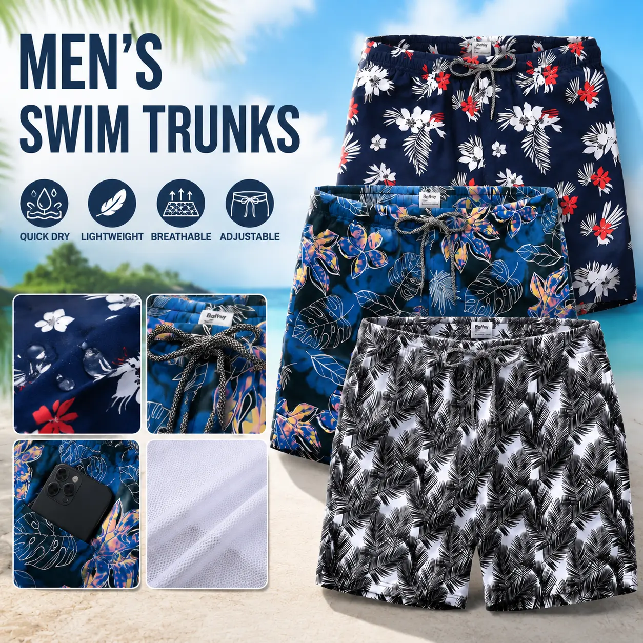 Men's Quick Dry Swim Trunks - Polyester Blend, Adjustable Waist, Mesh Lining, Drawstring Beach Shorts, Machine Washable, Multi-Size Summer Swimming & Vacation Wear
