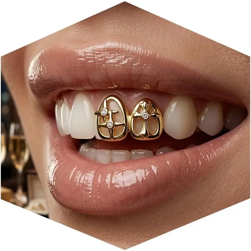Grillz for  with  Flower Design,   CZ Accents Adjustable Fit, Customizable Grillz for Men Women,  for  Hop Fashion Costume Pimp Accessories