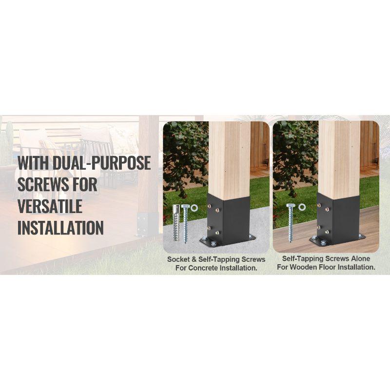 VEVOR 4x4 Post Base 4 Pcs, Inner Size 3.6x3.6 Post Base Brackets, Heavy Duty Powder-Coated Post Anchor Matte Black Wood Post Brackets for Pavilion Deck Railing Support Deck Base Plate