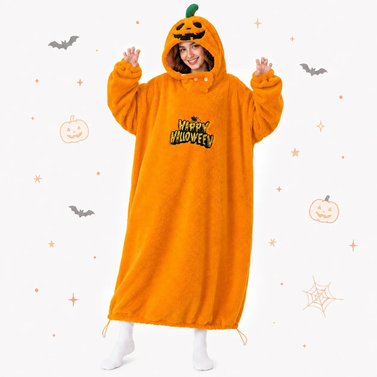 Halloween Pumpkin Oversized Hooded Blanket Sleeper, Soft Sherpa Fleece, Cozy Warm Loungewear, Nightwear for Autumn Winter