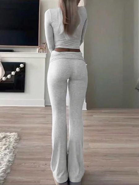 Women's Solid Color Square Neck Crop Tee & Flare Leg Pants Two-Piece Set, Casual Fashion Cozy Two Piece Outfits for Daily Outdoor Wear