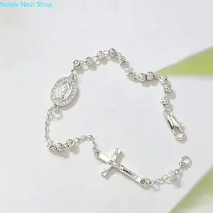 Women Silver Dainty CZ Beaded Rosary Bracelet, Adjustable Chain with Guadalupe Medal & Cross Charm, Catholic Religious Prayer Jewelry for Baptism First Communion Confirmation Faith Gifts