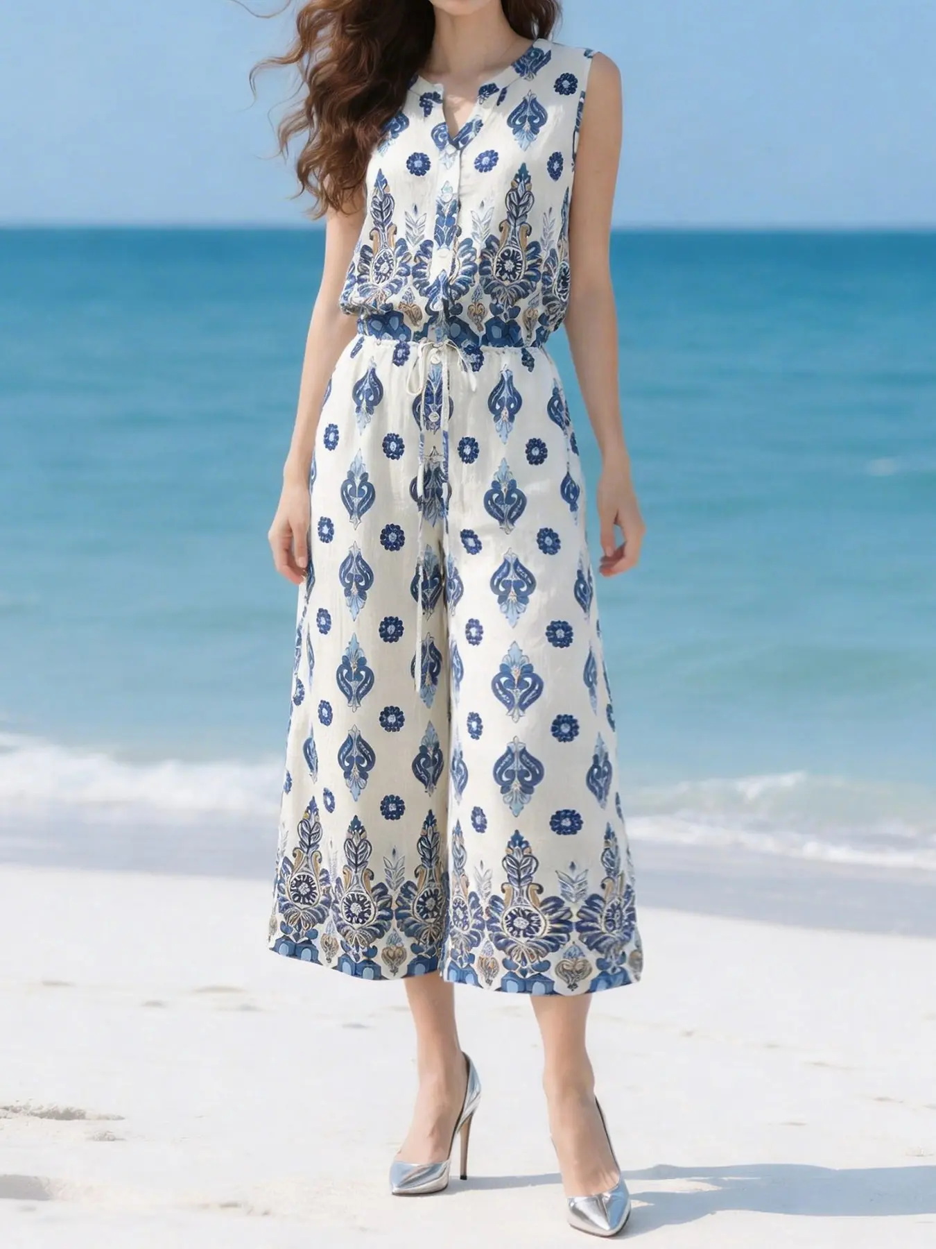 Ethnic Paisley Print Sleeveless Jumpsuit, Drawstring Waist, Wide Leg, Casual Loose-Fit, Women's Beach Vacation