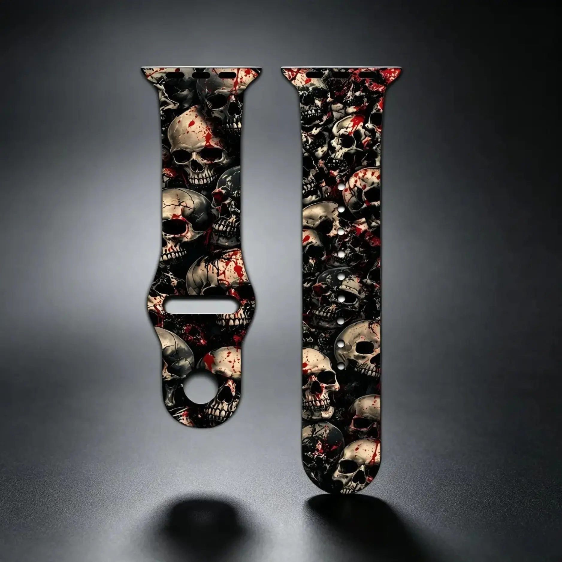 Horror Blood Skull Print Silicone Watch Band Compatible With Apple Watch Dark Gothic Skeleton Full Pattern Sport Replacement Strap Metal Buckle iWatch Wristband Punk Halloween Accessory For Men