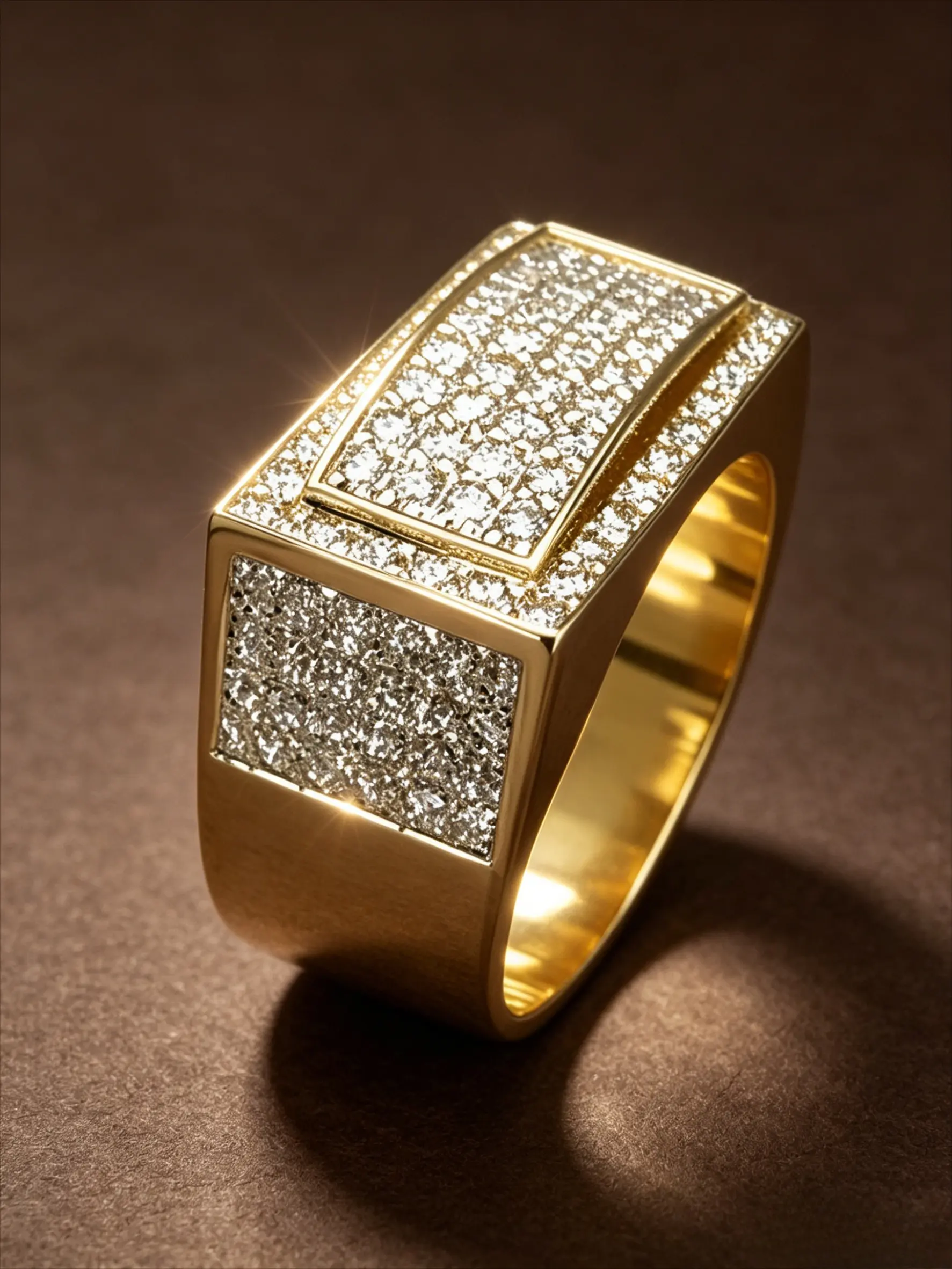 18K Gold Tone Plated Stainless Steel Men Square Signet Ring, Full Paved Clear Cubic Zirconia Wide Statement Band, Hypoallergenic Tarnish Resistant Luxury Bling Wedding Party Jewelry Gift For Guys Fashion Ring, Geometric Design Ring