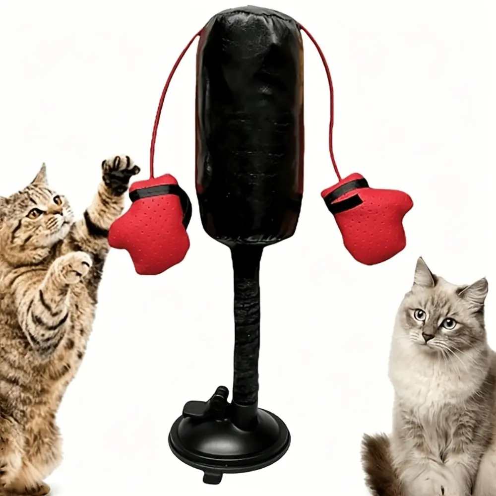 Suction cup cat boxing bag toy, interactive boxing game with gloves, spring-loaded self-play boredom toy suitable for indoor cats, kitten sports teaser toy, durable hitting toy to promote cat vitality