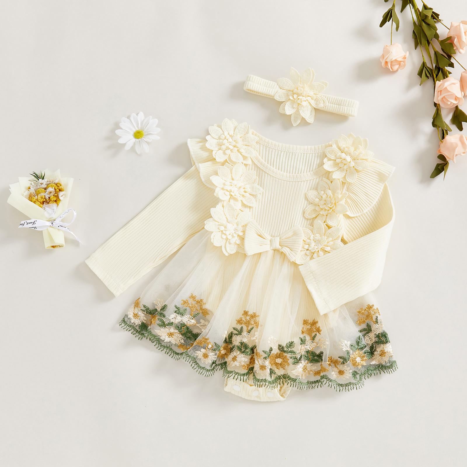 Baby Girl Romper Dress Embroidery Lace Flowers Baby Dress Romper Fall Winter Festival Clothes with Headband