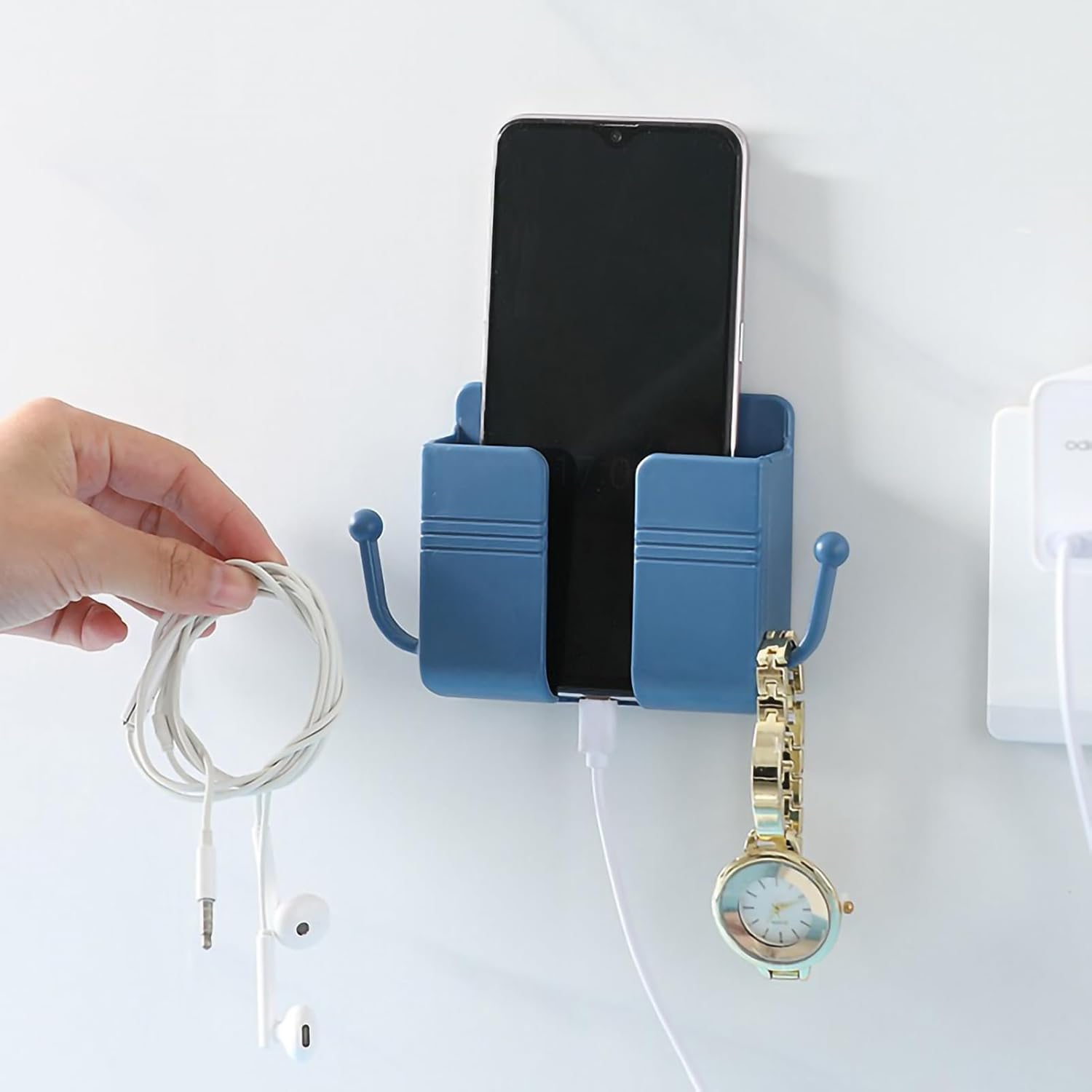 2-Piece Multi-Functional Cell Phone Holder Set, No-Drill Vehicle Wall-Mounted Car Interior Accessory with Data Cable, Compatible with Remote Controls & Phone Plugs, Receiver Position in Random Color