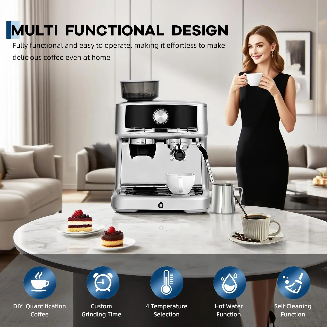 20 Bar Espresso Machine w/Grinder - Stainless Steel. 1.5L Removable Tank, Milk Frother. Adjustable Shots, Perfect for Home/Office Latte/Cappuccino