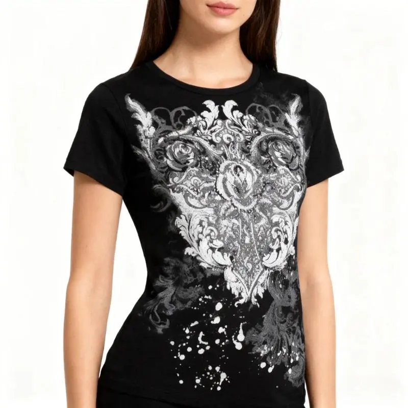 Women's Y2k Grunge T-Shirts 2000s Vinage Rhinestone Print Heart Rose Tees Aesthetics Harajuku Round Neck Tops street fashion