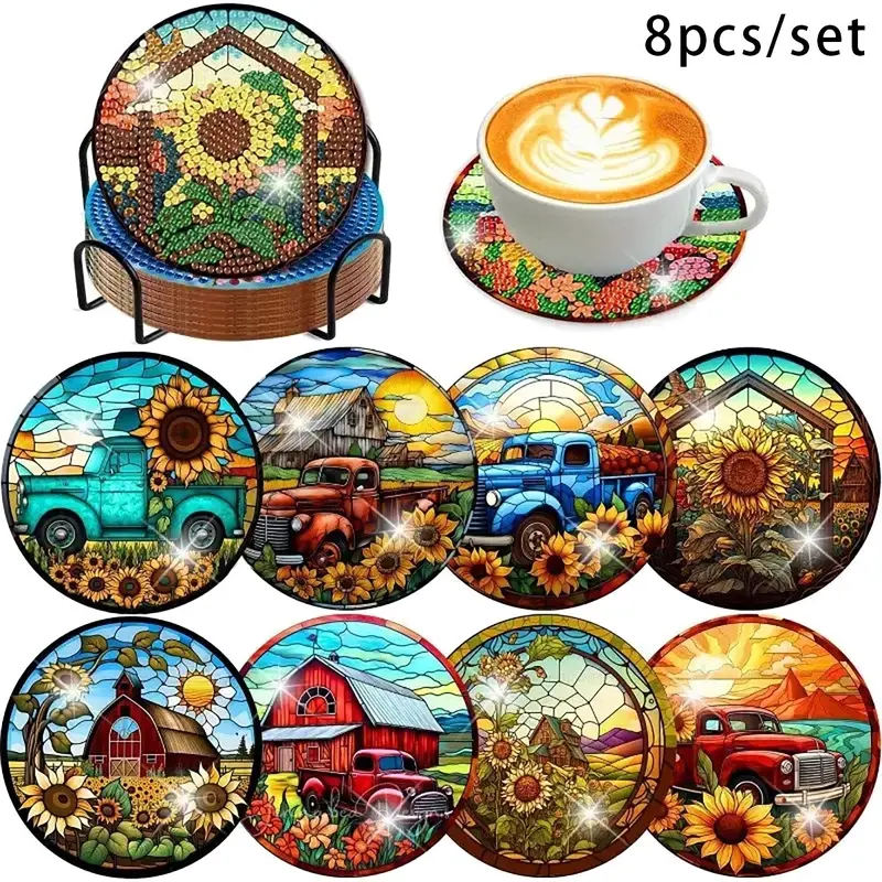 8 Piece Car Pattern Diamond Painted Coaster Set, Sparkling Rhinestone Heat Resistant Drink Mats with Stand, DIY Craft Supplies Gift, Diamond Art Coasters