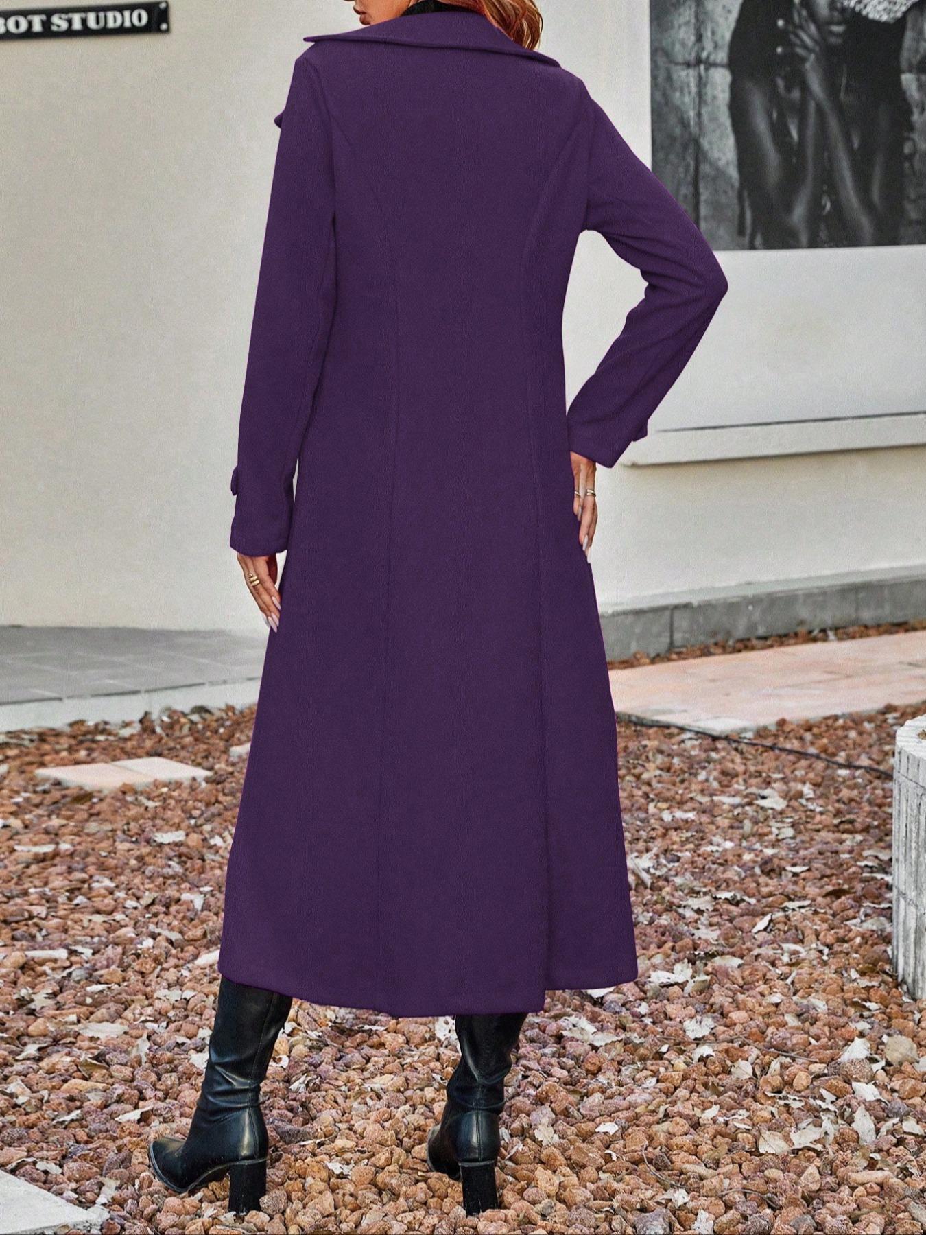 Women's Solid Double-Breasted Wool Coat, Elegant Long Coat for Autumn & Winter Wear