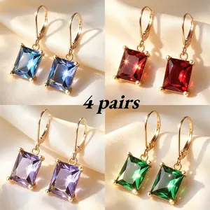 4 Pairs Rectangle Colorful CZ Drop Dangle Earrings Set Elegant multi-color square-cut crystal hook earrings pack, ideal daily & party jewelry for women