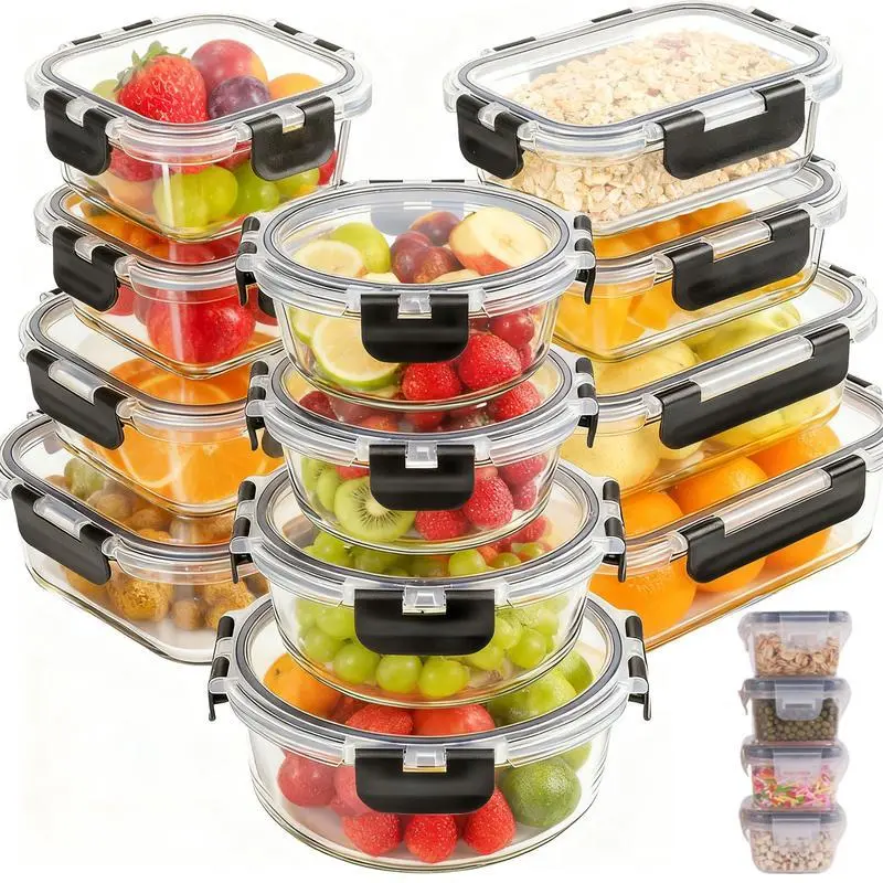 12Pack Airtight Glass Food Storage Containers with Lids,Microwave, and Dishwasher Kitchen Organizer, BPA-Free , Black/Gray Set Utensils