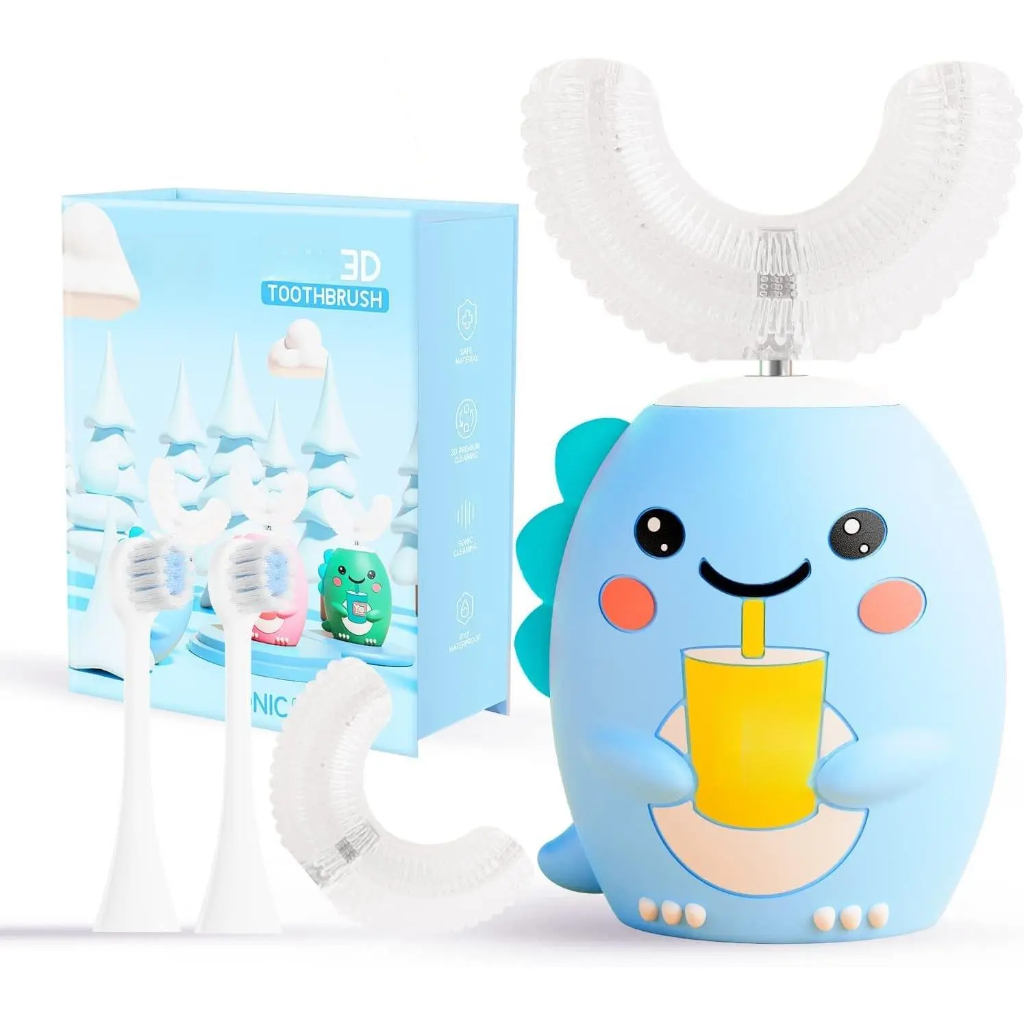 Dinosaur U-Shaped Electric Toothbrush for Kids Ages 2-6| Comes with 4 Replacement Brush Heads, Fun Automatic Teeth Cleaning