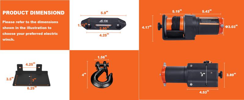 AC-DK 12V 2000-lb. ATV/UTV Electric Winch, Off-Road Synthetic Rope Winch for Trailer Boat RV Towing Winches, ATV/UTV Winch with Big Yellow Wired Remote and Winch Mounting Plate