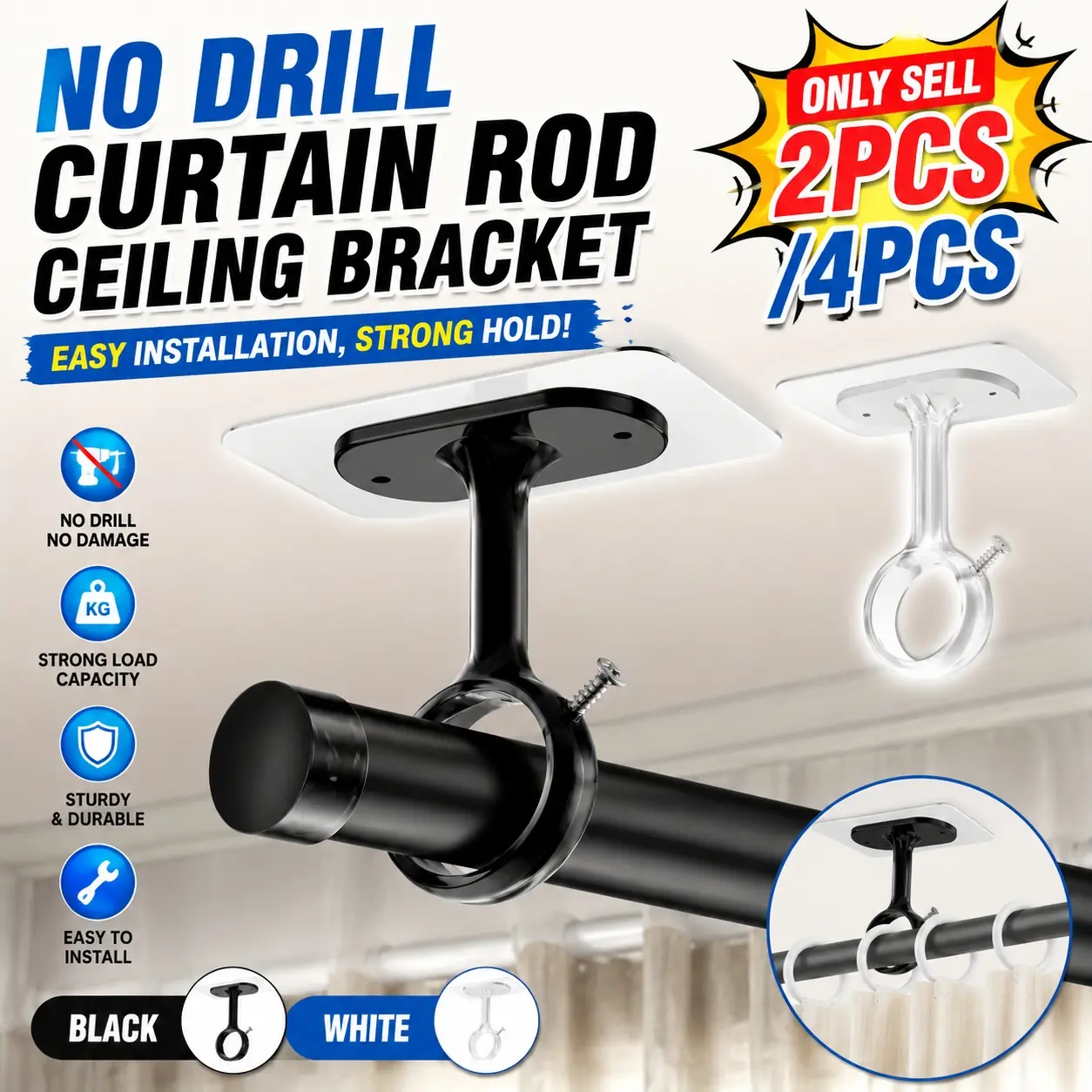 4pcs/2pcs No-Drill Ceiling Curtain Rod Brackets, Heavy-Duty Self-Adhesive Curtain Rod Brackets, Adjustable Curtain Hooks, Suitable for Rods with a Diameter of 1.2 Inches, Ideal for Wardrobes and Bedrooms