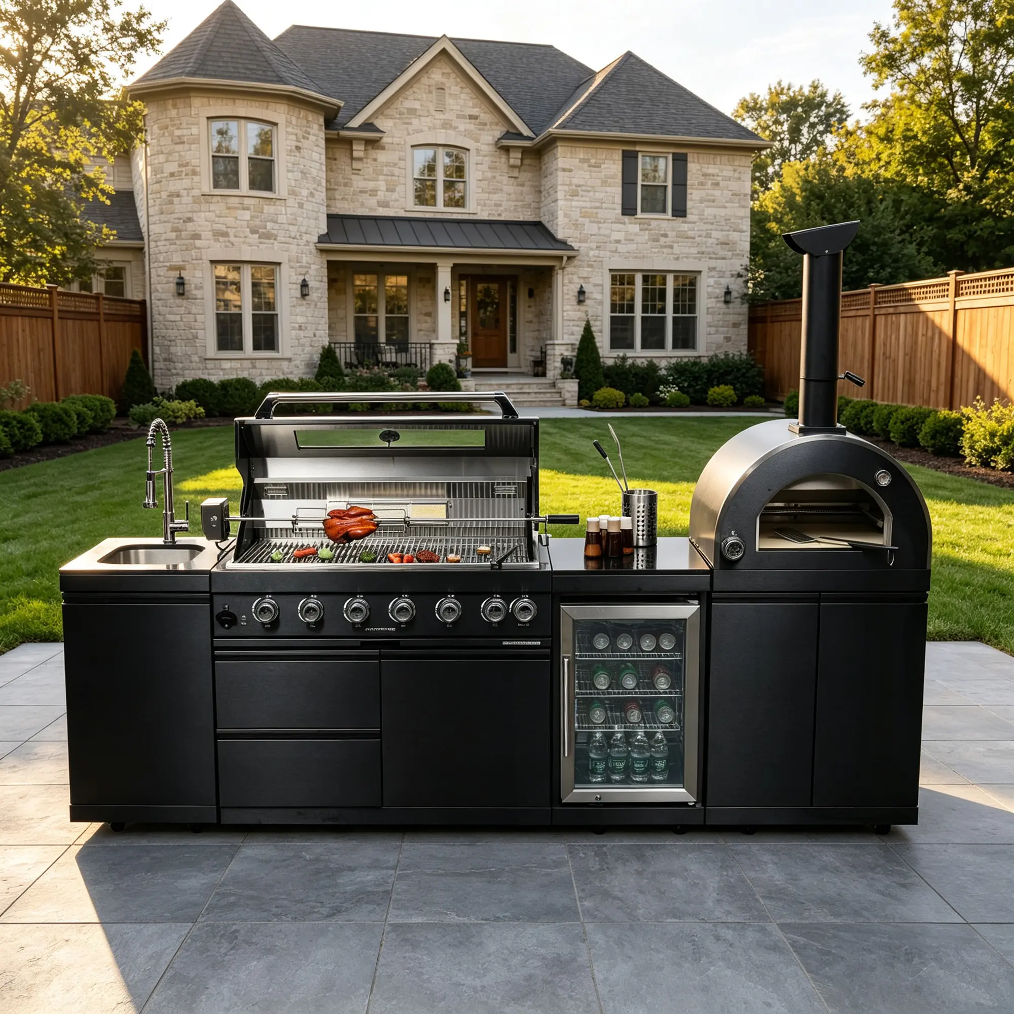 ARCH 109-Inch Outdoor Kitchen Island Grill with Pizza Oven, Wine Cooler, Refrigerator, Rotisserie, Granite Countertops, Storage Cabinets & Drawers, Stainless Steel, Black, 120000 BTU, Garden & Patio Barbecue Bar Station, Black Color Options