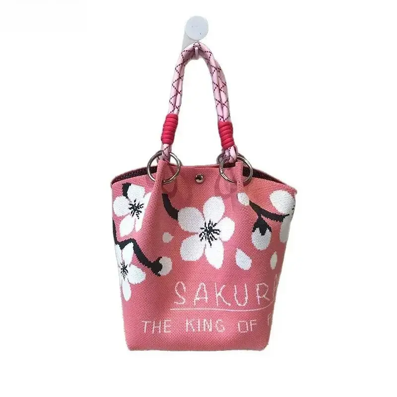 Bohemian Flower Knit Mini Bucket Bag, Popular Colorful Woven Tote Purse, Lightweight Floral Print Handbag with Roomy Interior & Vibrant Pattern, Daily Use Travel Vacation Casual Fashion Tote