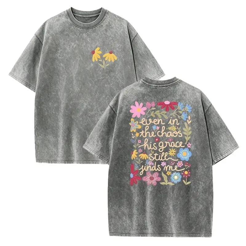 Men's Christian Faith T-Shirt - Vintage Oversized "Even In The Chaos His Grace Still Finds Me" Wildflower & Verse Tee, Washed Cotton Loose Fit Round Neck Gift Suitable for Church, Casual Wear, Religious Apparel
