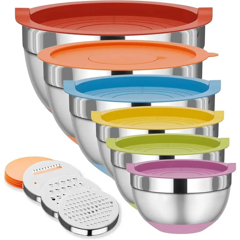 6-Piece Stainless Steel Bowl Set with Lids - Stackable Nesting Food Storage Prep Bowls, 3 Grater Attachments, Non-Slip Bottoms, Sizes 5.5QT, 3.5QT, 2.5QT, 2.1QT, 1.5QT, 1.1QT for Kitchen Home Organization, Food Storage Bowls, Stackable Nesting Bowls-Lj