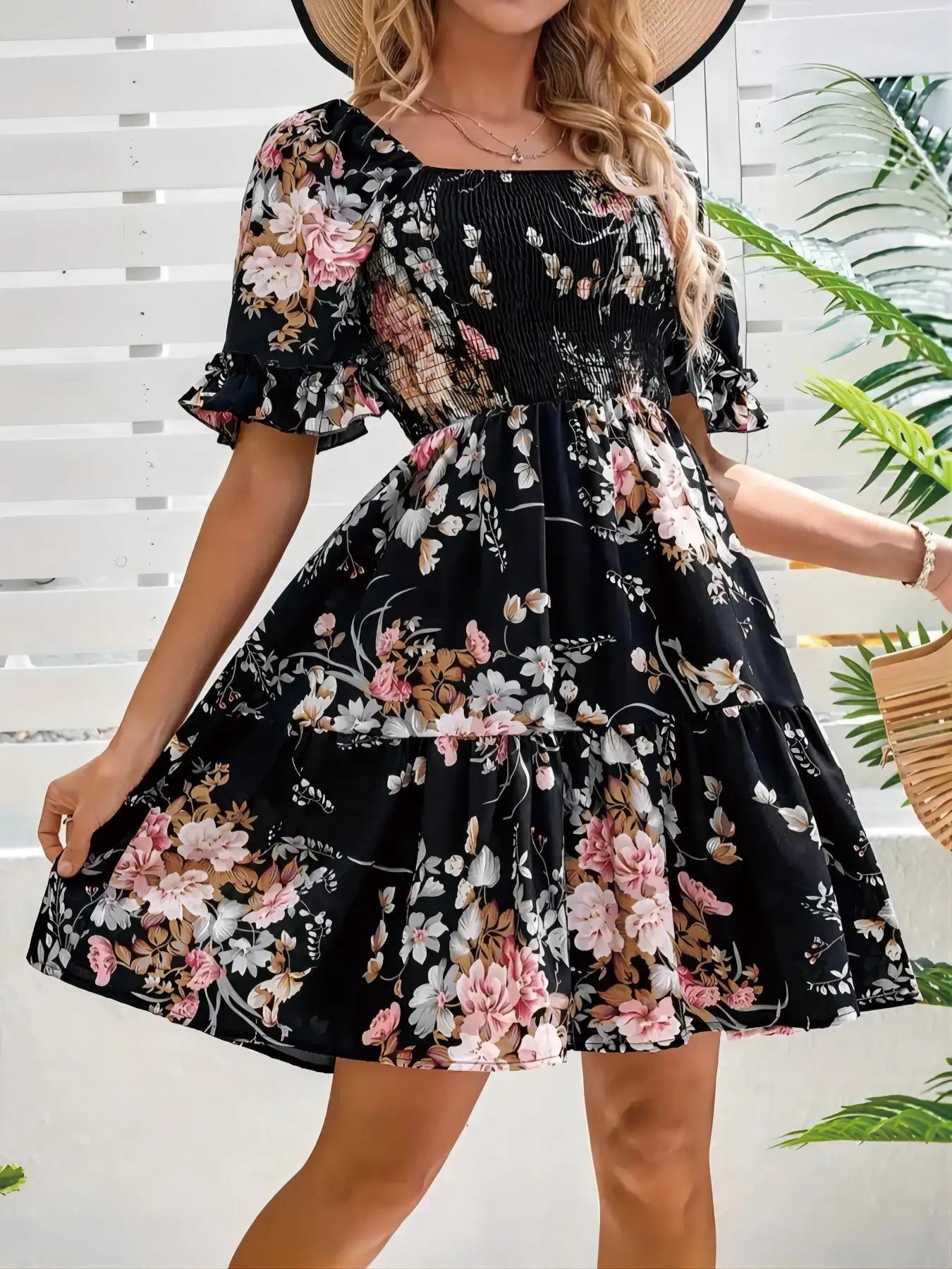 Women's Floral Print Ruffle Hem Shirred Slim A Line Dress, Casual  Boho Romantic Flounce Sleeve Square Neck Short Dress for Beach Vacation, Ladies Summer Clothes