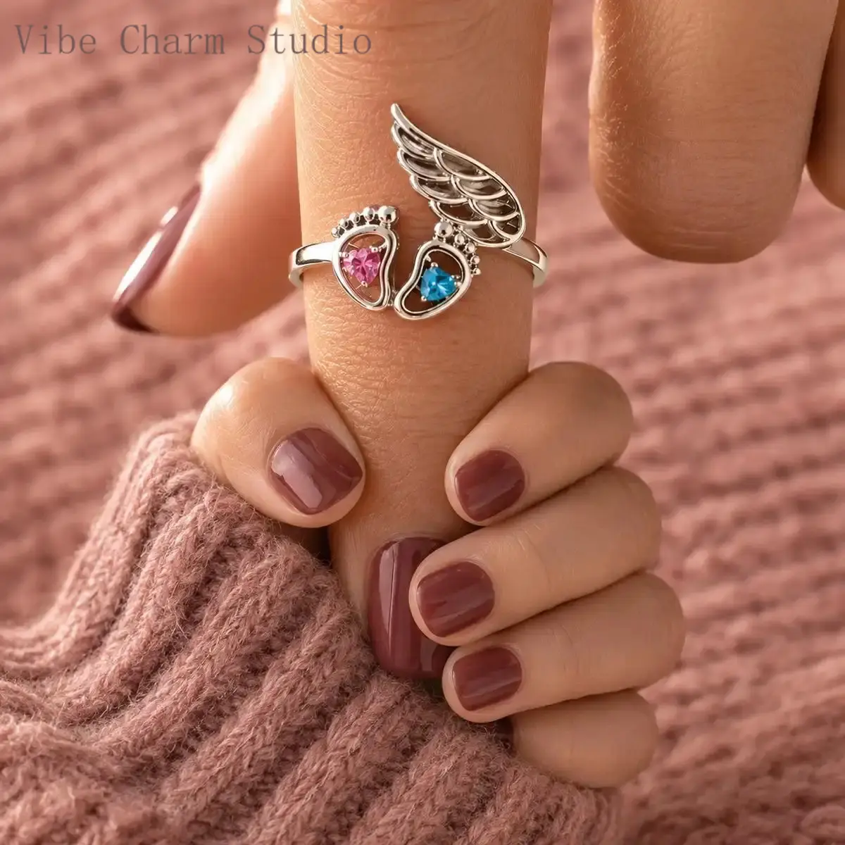 Women s adjustable angel baby memorial ring with pink and blue footprints silver tone pregnancy loss remembrance jewelry available as a ring only or as gift card sets