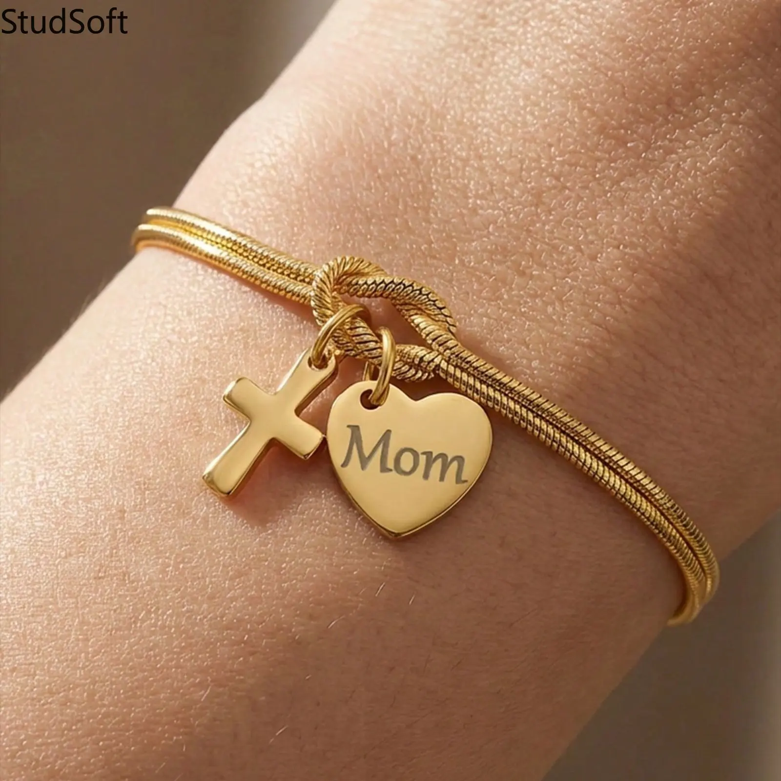 Gold Snake Chain Bracelet for Women, Engraved Mom Heart Cross Pendant Love Knot Charm, Personalized Family Jewelry Bangle, Mother's Day Gift,back to school,back to school haul