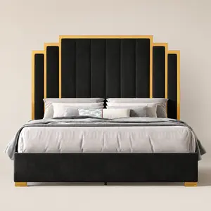 [Summergarden][Fathersdaygift] AMERLIFE Bed Frame with 65" Headboard, Upholstered Platform Bed with Golden Plating Trim, Modern Luxury Bed Frame, No Box Spring Needed/No Mattress/Queen/King//Unique Bedroom Furniture/Best Gift Ideas/Christmas Gifts