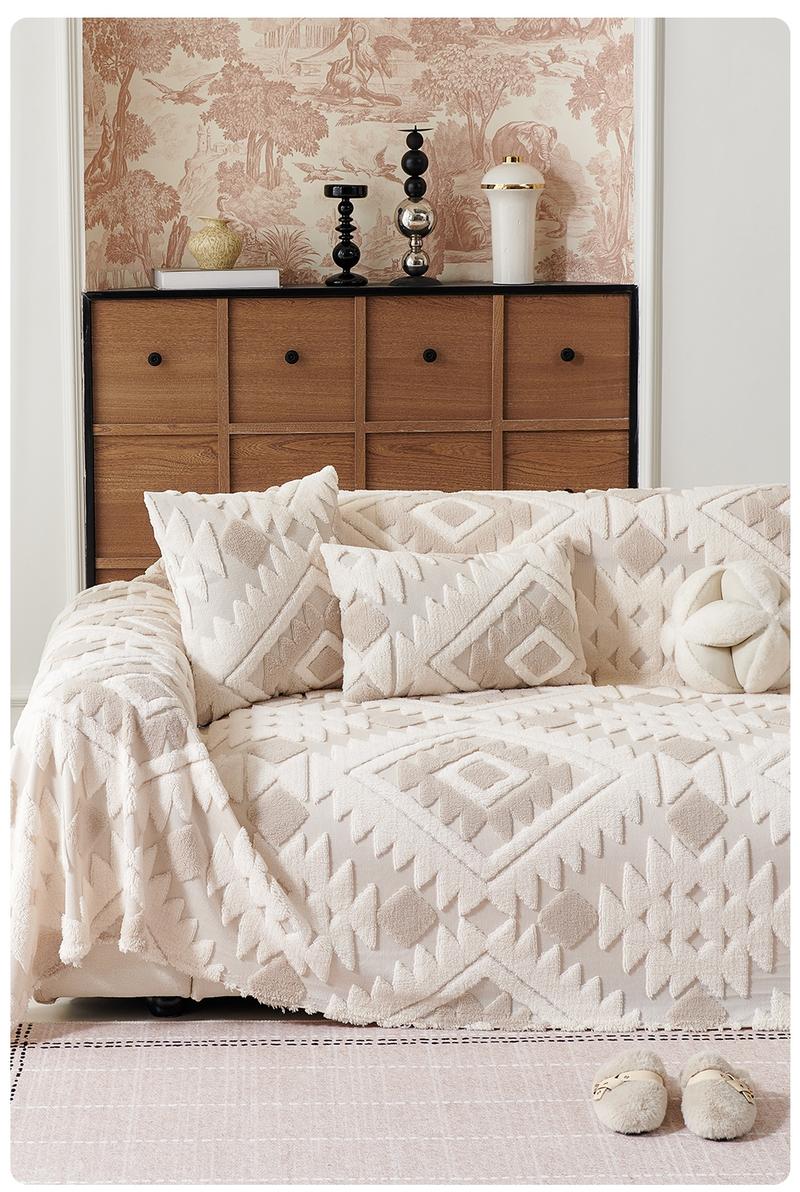 Bohemian Plush Sofa Throw Blanket, Geometric Pattern Design, Pet-Friendly, All-Season Use, Home Decor, Sofa Couch Covers, Sofa Slipcover