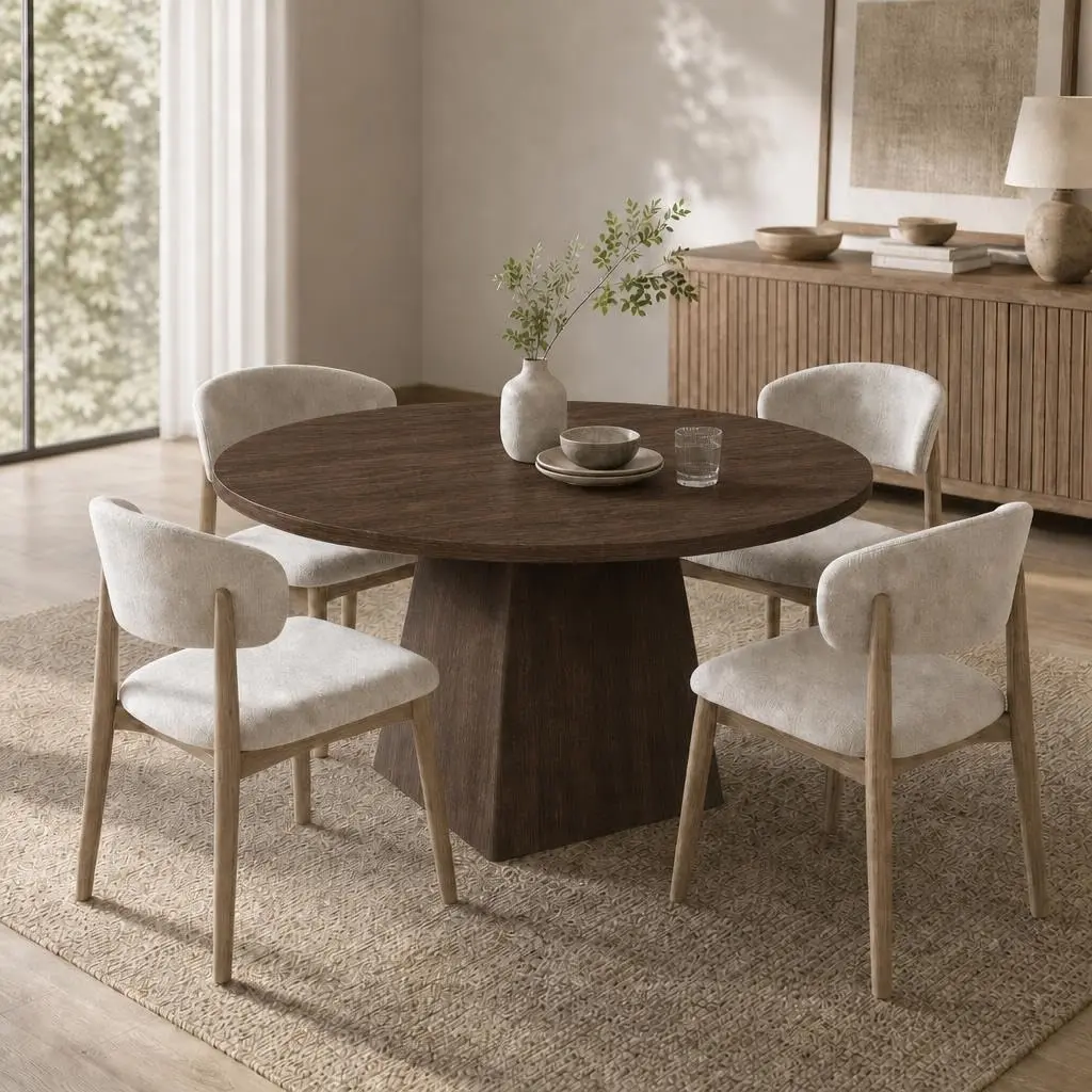 Indoor Rustic 47" Oak Finish Thick Top Wooden Round Dining Table - Square Pedestal Base, 4-6 Seats, 350 lbs Capacity, Heavy Duty Neutral Home Kitchen & Dining Room Furniture, Wooden Round Table, Round Wooden Dining Room Furniture